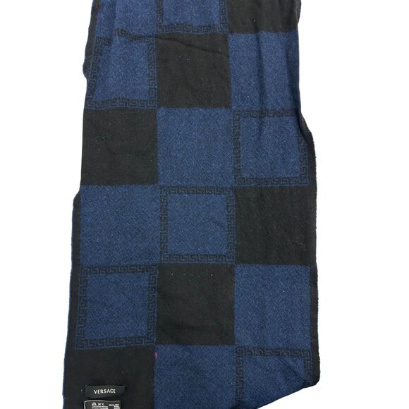 Versace Mens Blue & Black 100% Wool Checkered Scarf - Picture 6 of 8